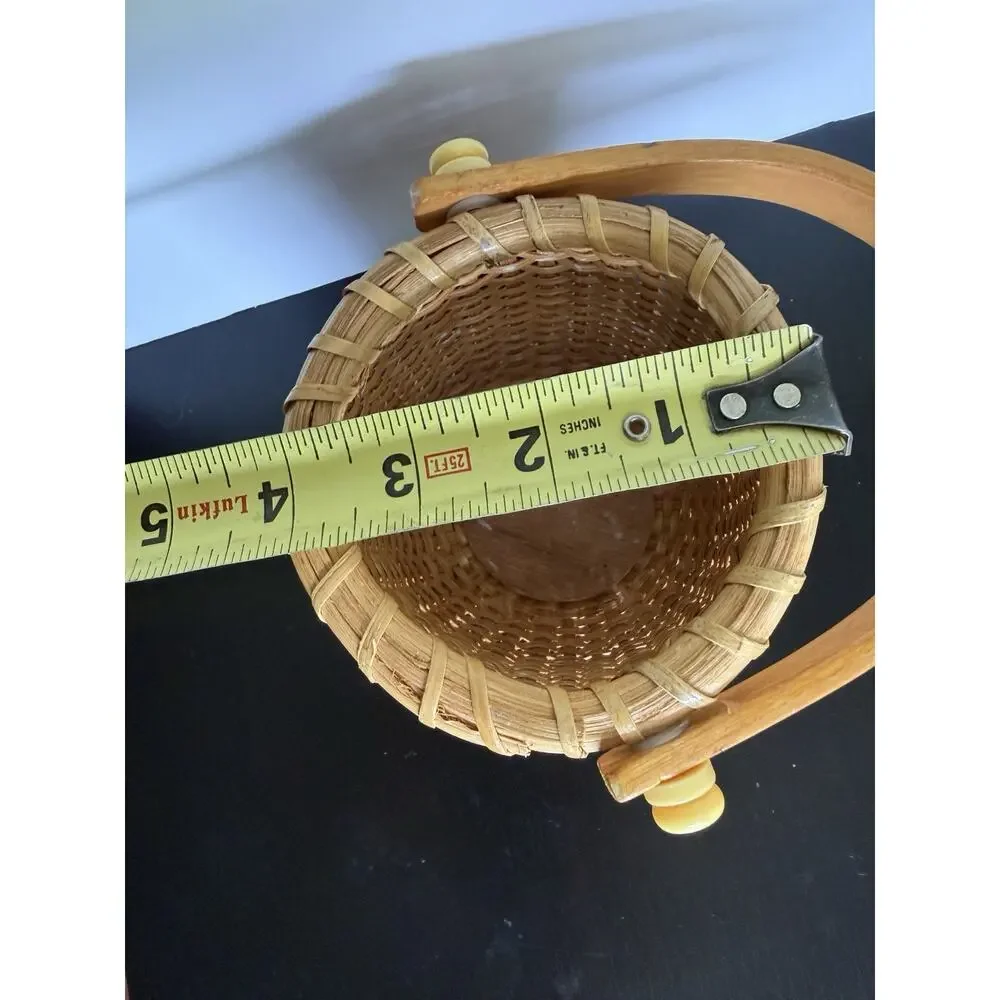 Nantucket Style Mini Swing Handle Basket Woven Wood Base Coastal Decor 3.57”H